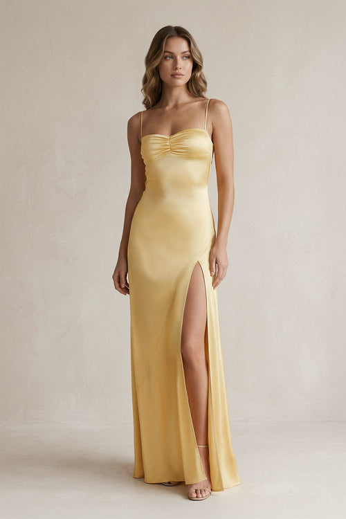 Spaghetti Straps Sheath Maxi Prom Dress With Slit in Yellow - SHE IS ME PROM DRESSES