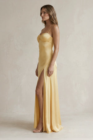 Spaghetti Straps Sheath Maxi Prom Dress With Slit in Yellow - SHE IS ME PROM DRESSES