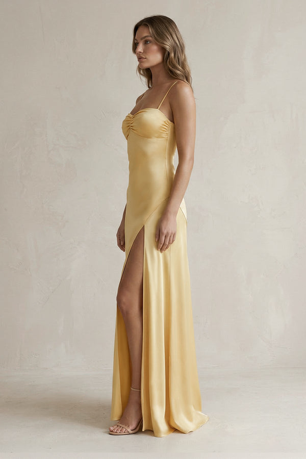 Spaghetti Straps Sheath Maxi Prom Dress With Slit in Yellow - SHE IS ME PROM DRESSES