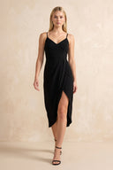 Spaghetti Straps Sheath Midi Dress with Slit in Black – SHE IS ME Dresses
