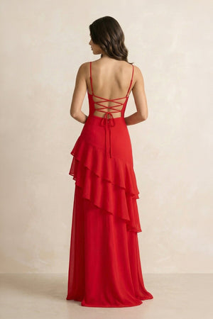 Spaghetti Straps Sheath Ruffled Maxi Dress in Red - SHE IS ME PROM DRESSES