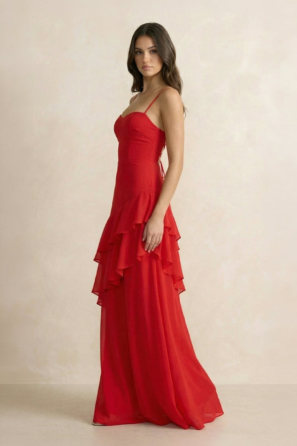 Spaghetti Straps Sheath Ruffled Maxi Dress in Red - SHE IS ME PROM DRESSES