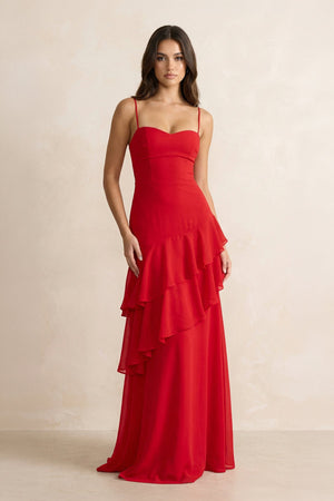 Spaghetti Straps Sheath Ruffled Maxi Dress in Red - SHE IS ME PROM DRESSES