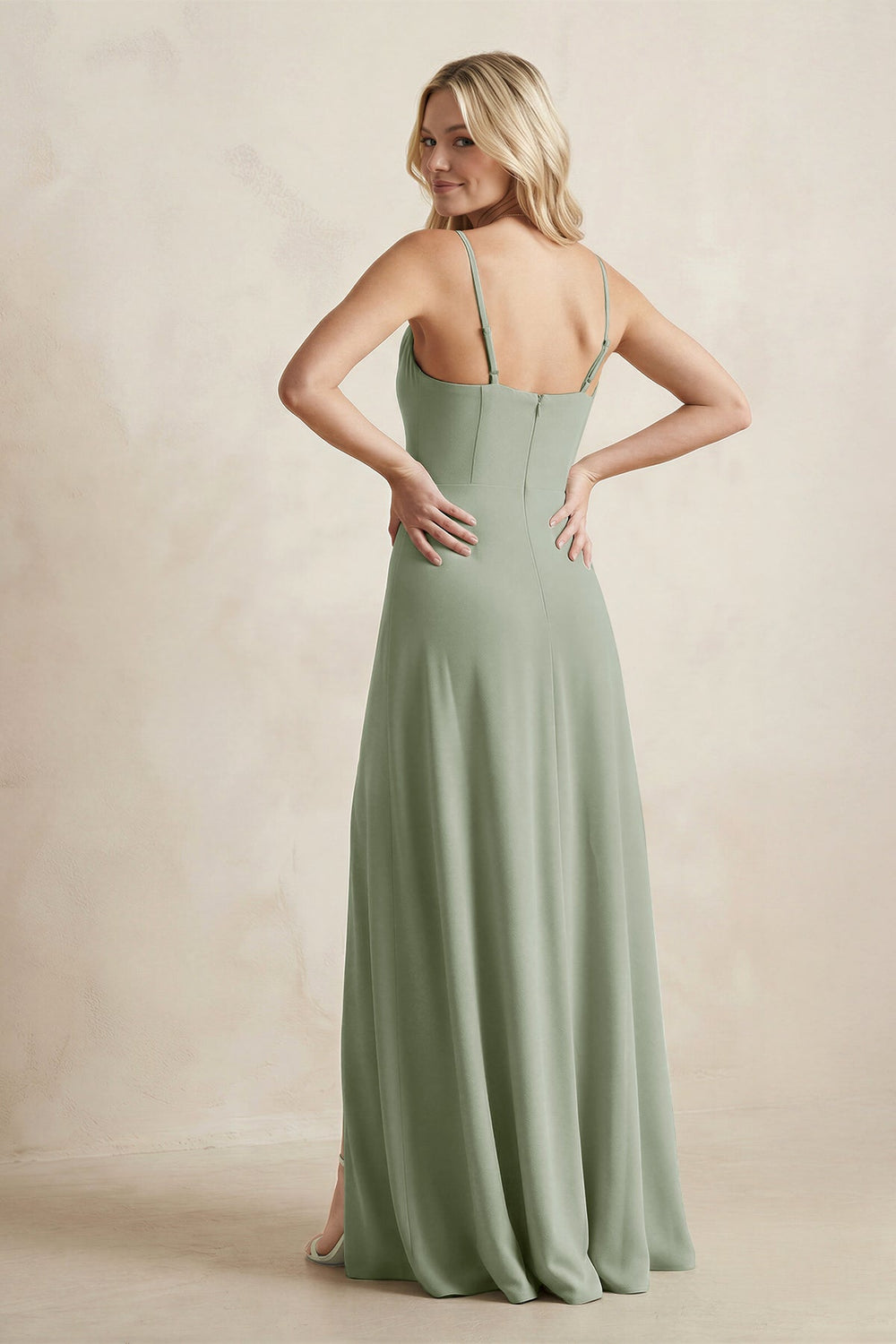 Spaghetti Straps Sheath Satin Bridesmaid Dress With Slit in Dove Gray - SHE IS ME Bridesmaid Dresses