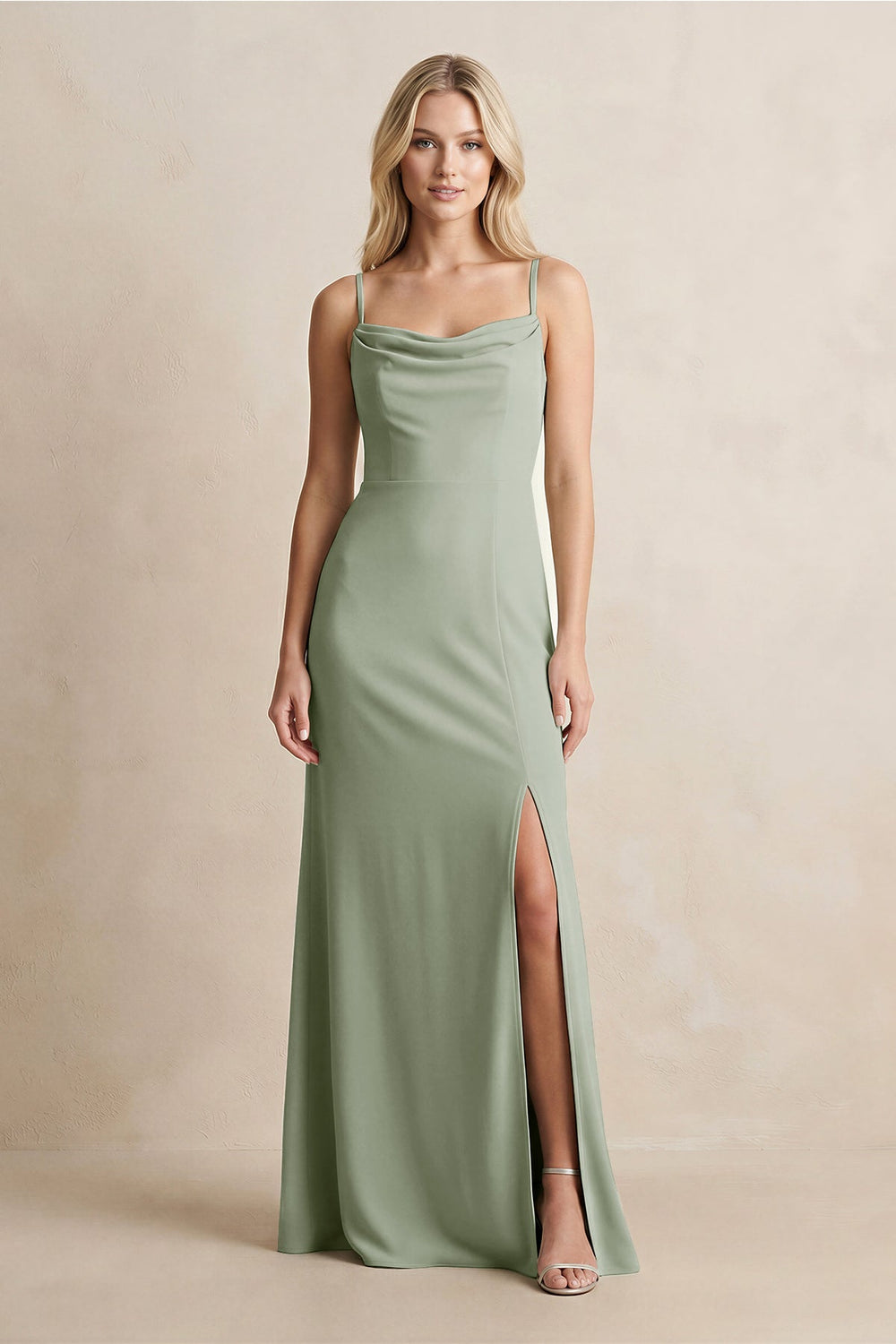 Spaghetti Straps Sheath Satin Bridesmaid Dress With Slit in Dove Gray - SHE IS ME Bridesmaid Dresses