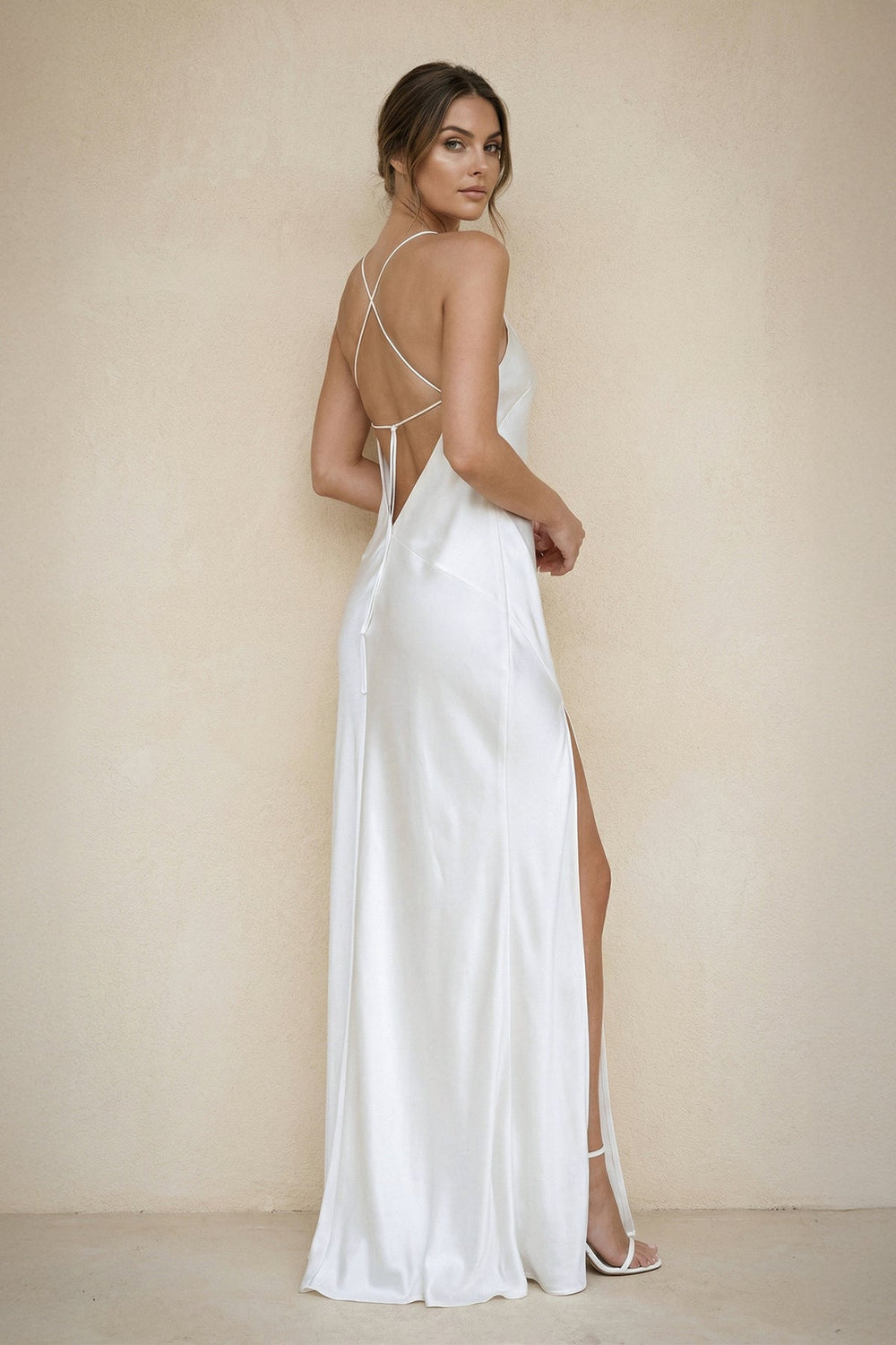 Spaghetti Straps Sheath Satin Wedding Dress With Slit in White - SHE IS ME Wedding Dresses