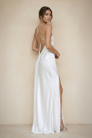 Spaghetti Straps Sheath Satin Wedding Dress With Slit in White - SHE IS ME Wedding Dresses