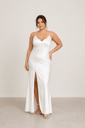 Spaghetti Straps Sheath Satin Wedding Dress With Slit in White - SHE IS ME Wedding Dresses