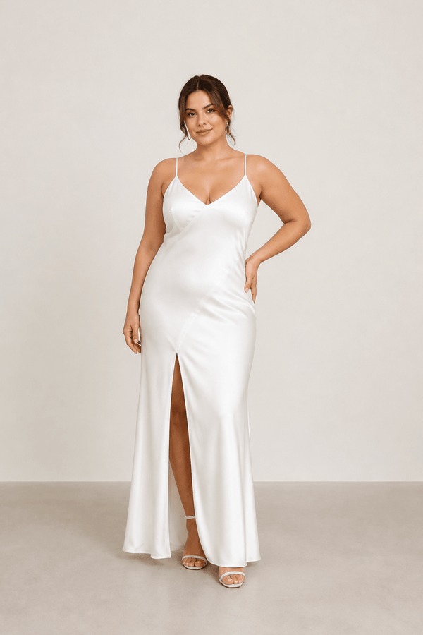 Spaghetti Straps Sheath Satin Wedding Dress With Slit in White - SHE IS ME Wedding Dresses