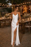 Spaghetti Straps Sheath Satin Wedding Dress With Slit in White - SHE IS ME Wedding Dresses