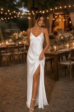 Spaghetti Straps Sheath Satin Wedding Dress With Slit in White - SHE IS ME Wedding Dresses