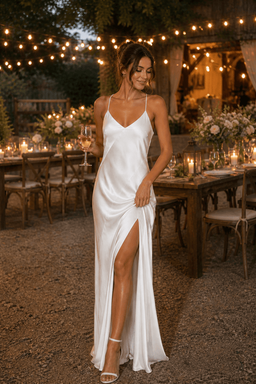 Spaghetti Straps Sheath Satin Wedding Dress With Slit in White - SHE IS ME Wedding Dresses