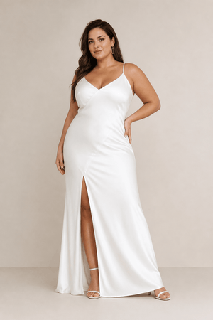 Spaghetti Straps Sheath Satin Wedding Dress With Slit in White - SHE IS ME Wedding Dresses