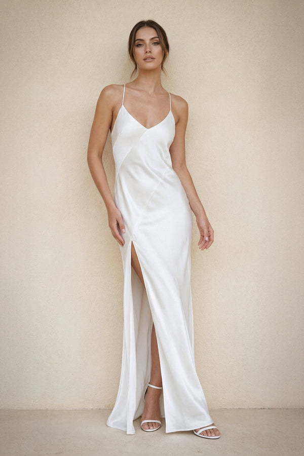 Spaghetti Straps Sheath Satin Wedding Dress With Slit in White - SHE IS ME Wedding Dresses