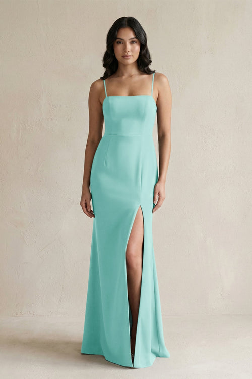 Spaghetti Straps Sheath Stain Bridesmaid Dress With Slit in Aqua - SHE IS ME Bridesmaid Dresses