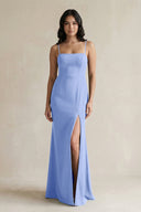 Spaghetti Straps Sheath Stain Bridesmaid Dress With Slit in Ice - SHE IS ME Bridesmaid Dresses