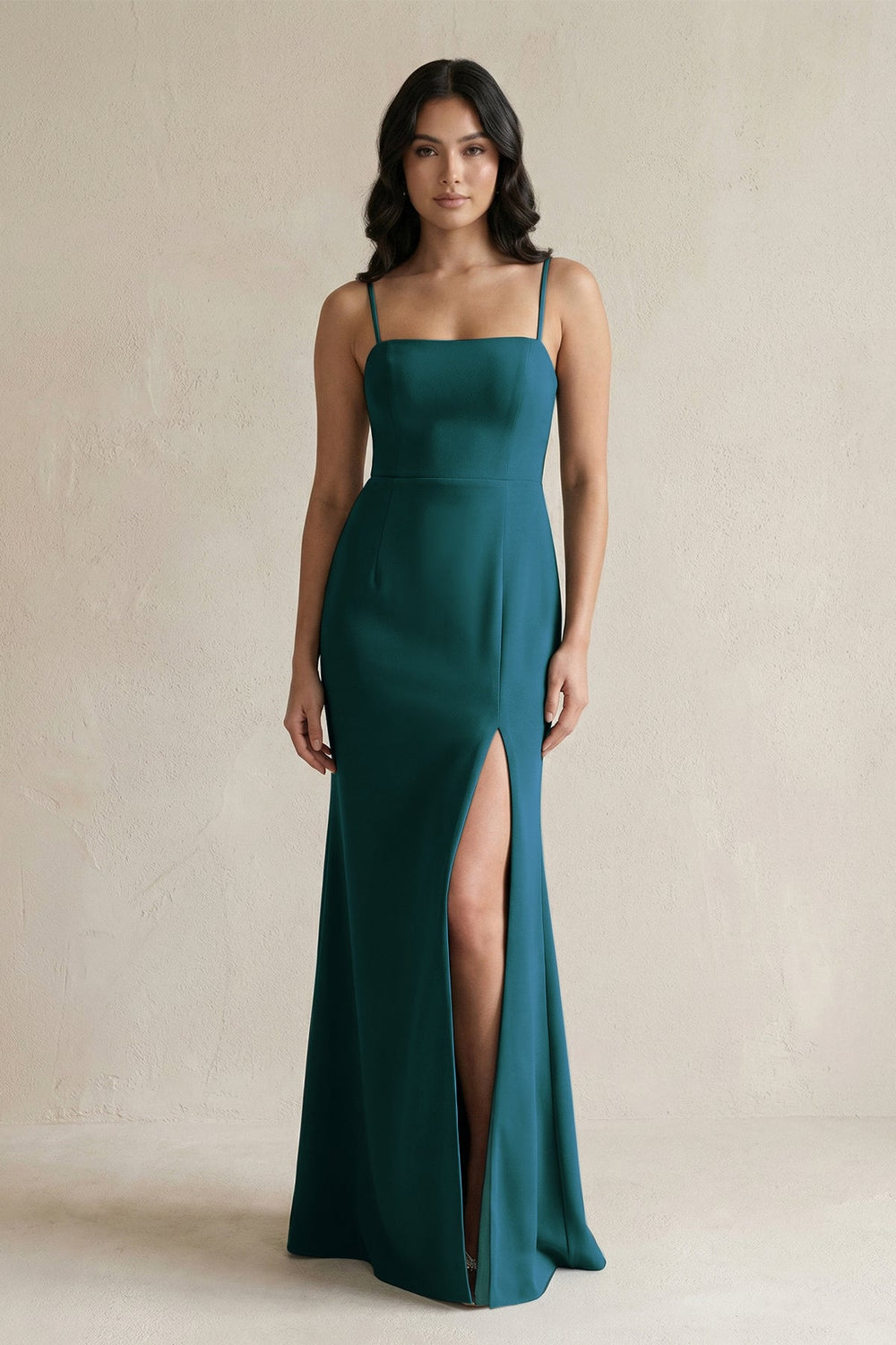 Spaghetti Straps Sheath Stain Bridesmaid Dress With Slit in Pine - SHE IS ME Bridesmaid Dresses