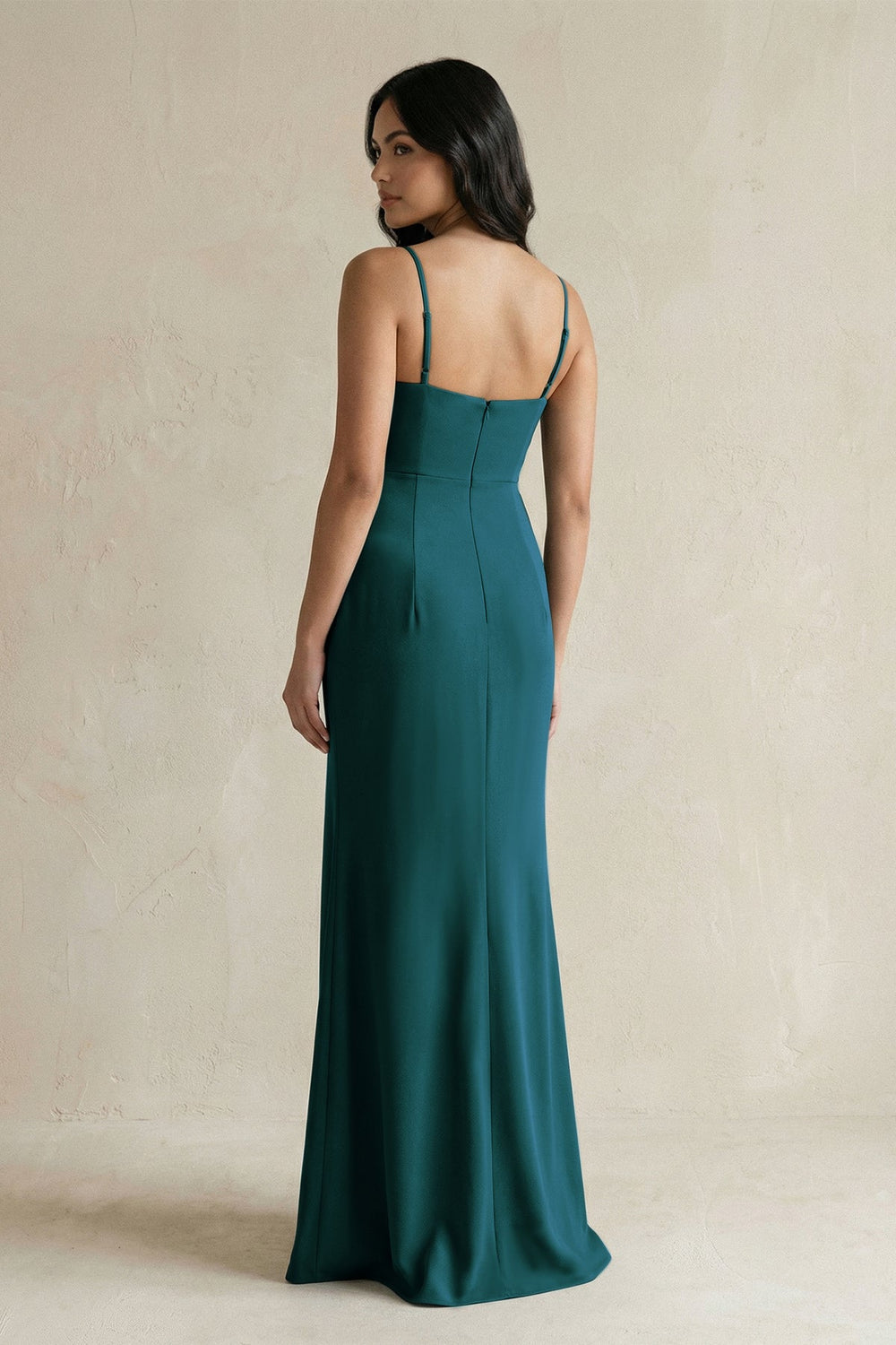 Spaghetti Straps Sheath Stain Bridesmaid Dress With Slit in Pine - SHE IS ME Bridesmaid Dresses