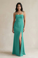 Spaghetti Straps Sheath Stain Bridesmaid Dress With Slit in Sea Glass - SHE IS ME Bridesmaid Dresses