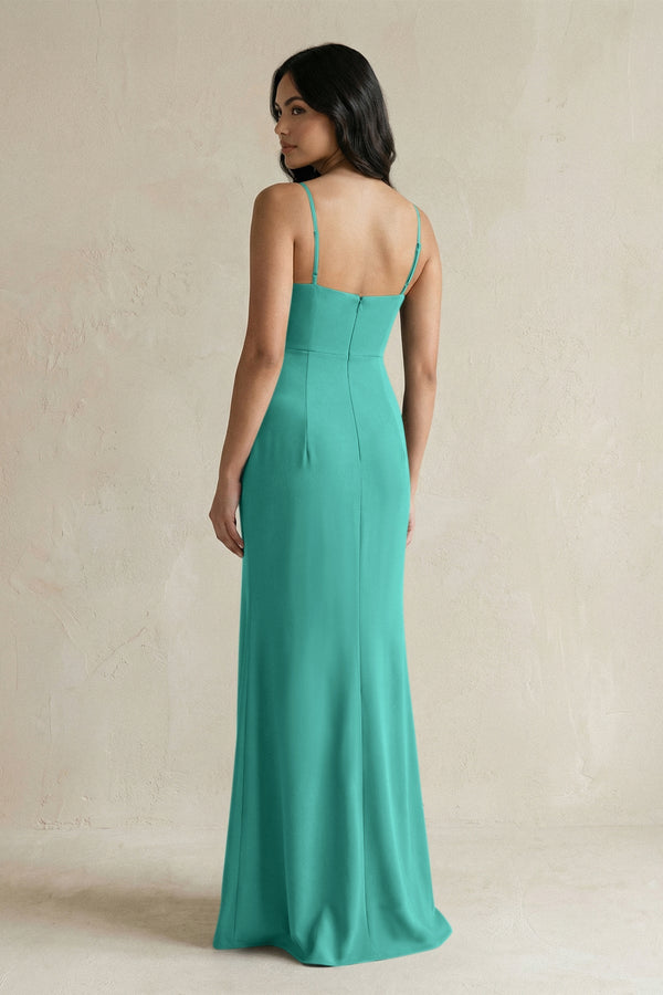 Spaghetti Straps Sheath Stain Bridesmaid Dress With Slit in Sea Glass - SHE IS ME Bridesmaid Dresses