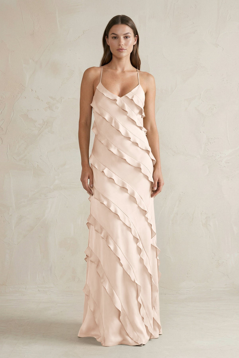 Spaghetti Straps Sheath Stain Ruffled Bridesmaid Dress in Buttercream - SHE IS ME Bridesmaid Dresses