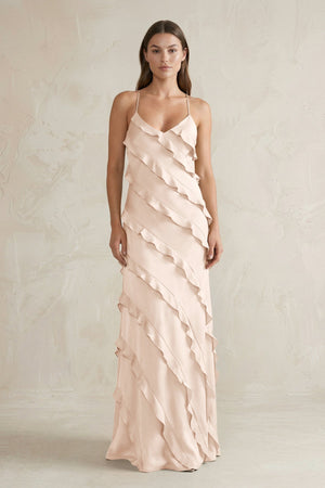 Spaghetti Straps Sheath Stain Ruffled Bridesmaid Dress in Buttercream - SHE IS ME Bridesmaid Dresses