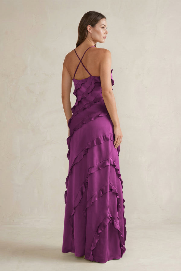 Spaghetti Straps Sheath Stain Ruffled Bridesmaid Dress in Fig - SHE IS ME Bridesmaid Dresses
