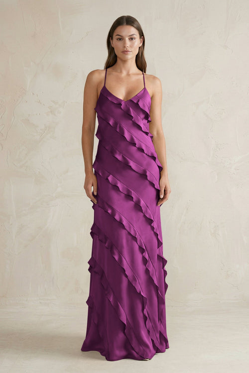 Spaghetti Straps Sheath Stain Ruffled Bridesmaid Dress in Fig - SHE IS ME Bridesmaid Dresses