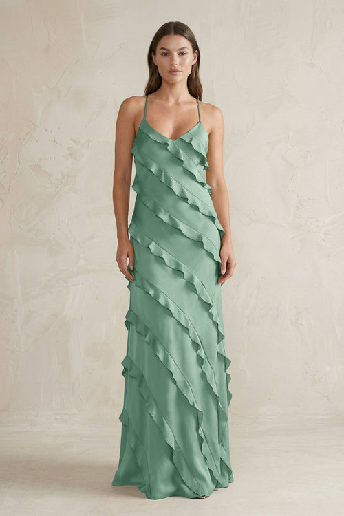 Spaghetti Straps Sheath Stain Ruffled Bridesmaid Dress in Mint Green - SHE IS ME Bridesmaid Dresses