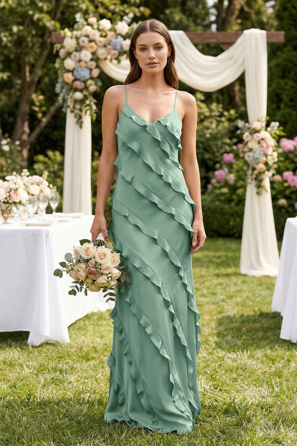 Spaghetti Straps Sheath Stain Ruffled Bridesmaid Dress in Mint Green - SHE IS ME Bridesmaid Dresses