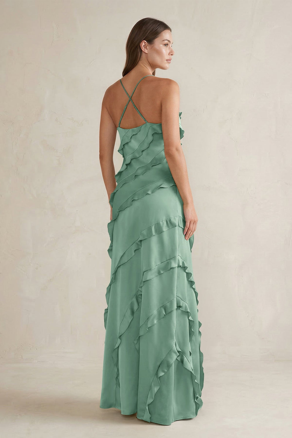 Spaghetti Straps Sheath Stain Ruffled Bridesmaid Dress in Mint Green - SHE IS ME Bridesmaid Dresses