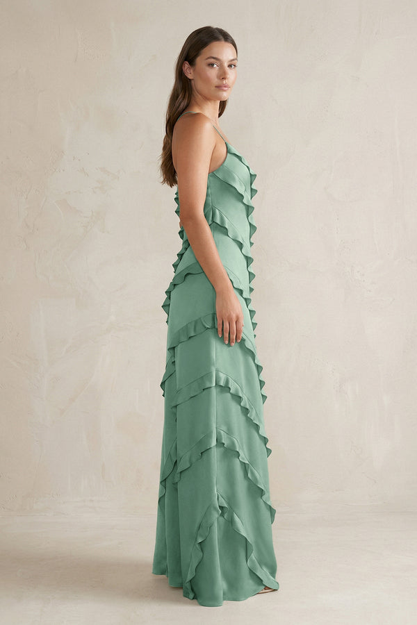 Spaghetti Straps Sheath Stain Ruffled Bridesmaid Dress in Mint Green - SHE IS ME Bridesmaid Dresses