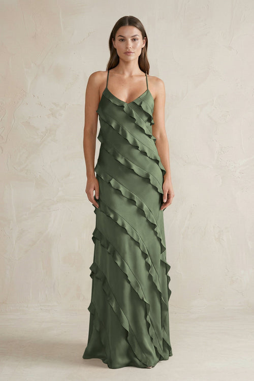 Spaghetti Straps Sheath Stain Ruffled Bridesmaid Dress in Thyme - SHE IS ME Bridesmaid Dresses