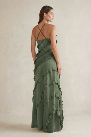 Spaghetti Straps Sheath Stain Ruffled Bridesmaid Dress in Thyme - SHE IS ME Bridesmaid Dresses