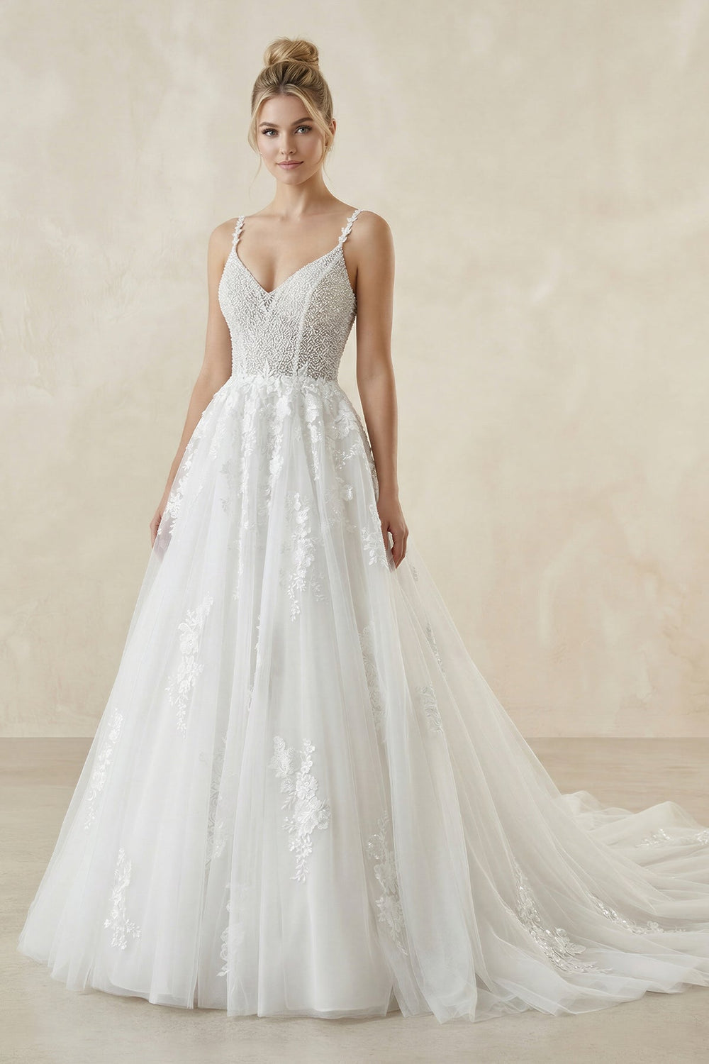 Spaghetti Straps Tulle A - Line Appliqued Wedding Dress in White - SHE IS ME Wedding Dresses