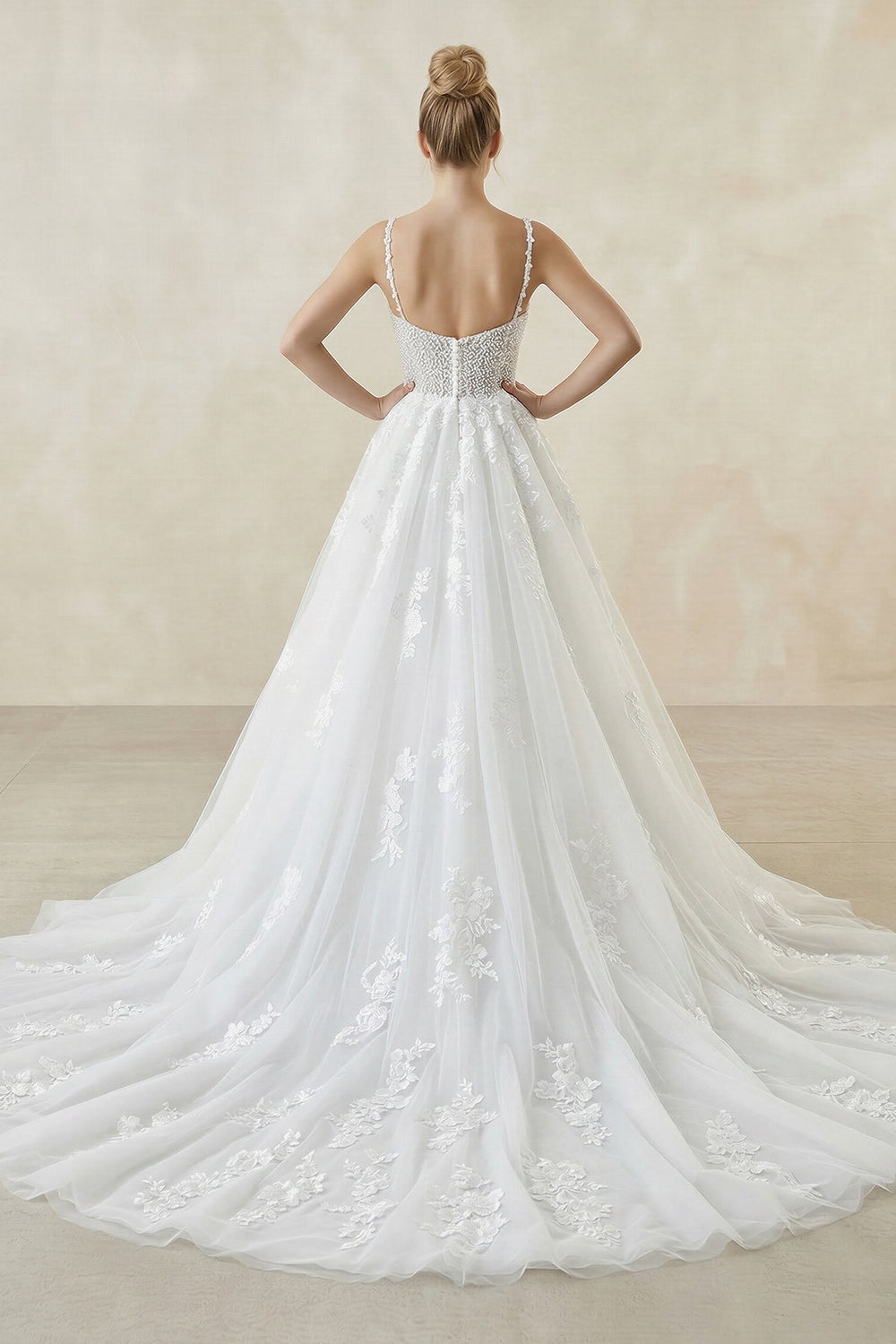 Spaghetti Straps Tulle A - Line Appliqued Wedding Dress in White - SHE IS ME Wedding Dresses