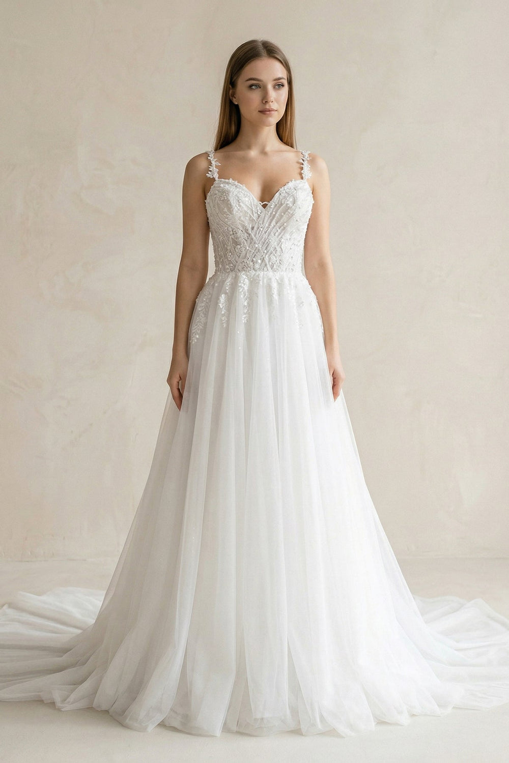 Spaghetti Straps Tulle A - Line Appliqued Wedding Dress in White - SHE IS ME Wedding Dresses
