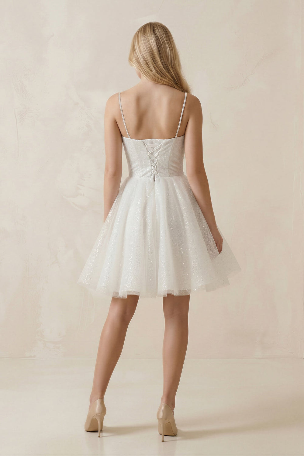 Spaghetti Straps Tulle A - Line Mini Wedding Dress in White - SHE IS ME Wedding Dresses