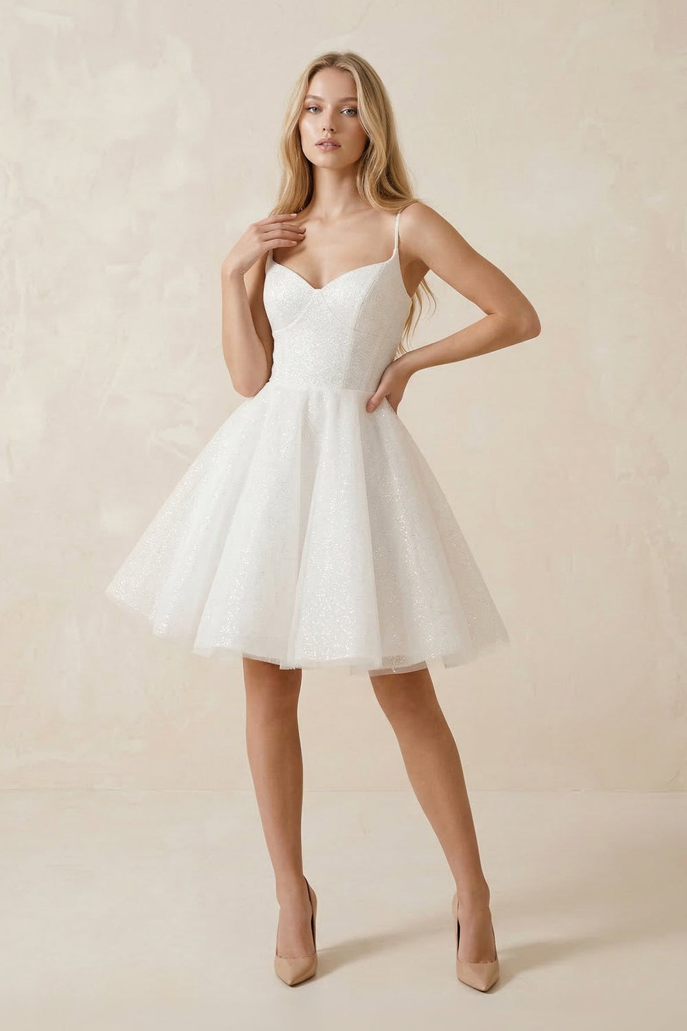 Spaghetti Straps Tulle A - Line Mini Wedding Dress in White - SHE IS ME Wedding Dresses