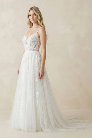 Spaghetti Straps Tulle Appliqued Corset Wedding Dress in White - SHE IS ME Wedding Dresses