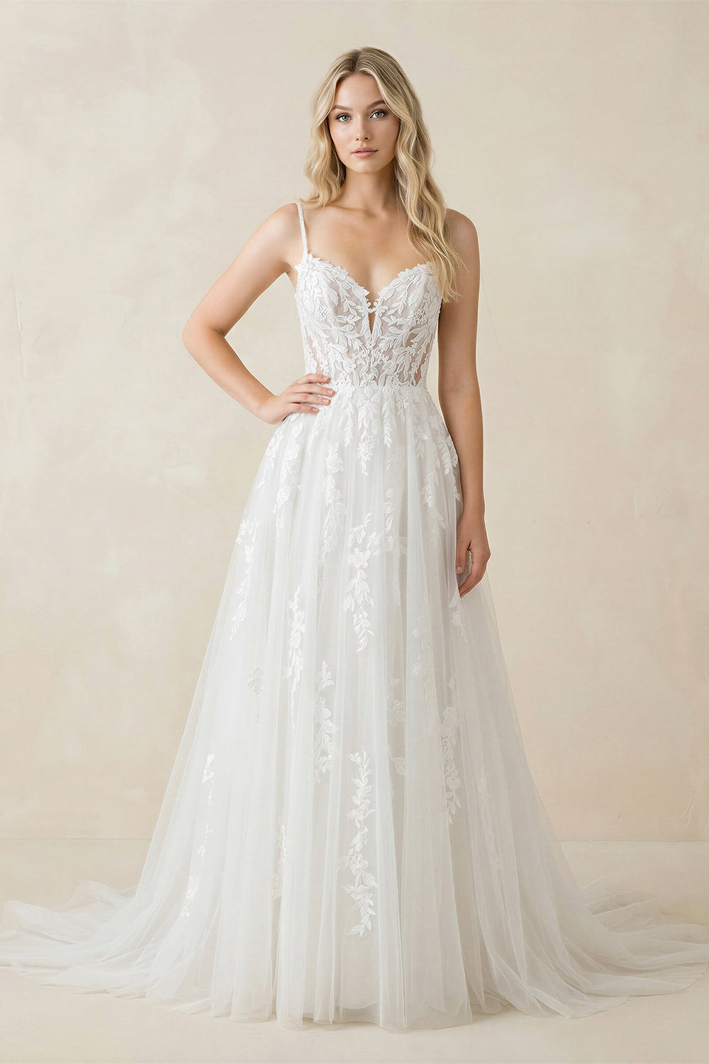 Spaghetti Straps Tulle Appliqued Corset Wedding Dress in White - SHE IS ME Wedding Dresses