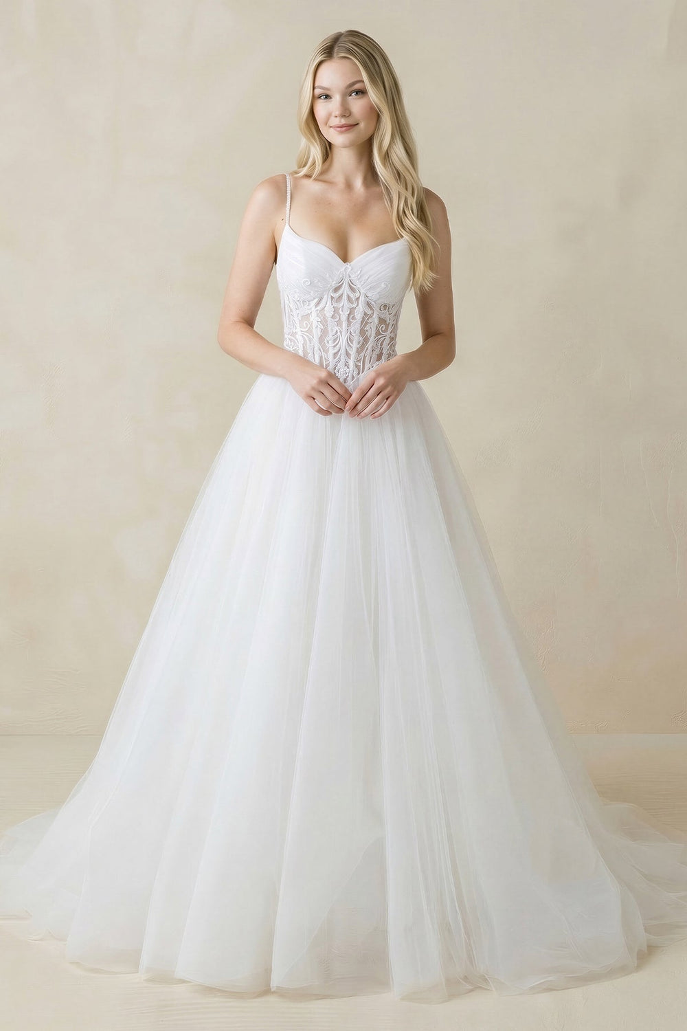 Spaghetti Straps Tulle Ball - Gown Corset Wedding Dress in White - SHE IS ME Wedding Dresses