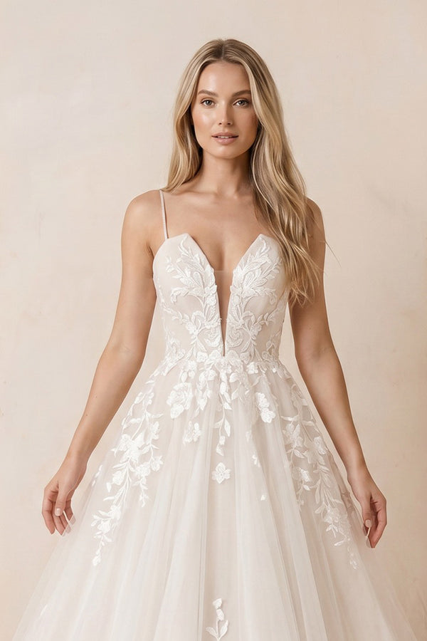 Ivory Lace Corset V - Neck A - Line Wedding Dress - SHE IS ME Wedding Dresses