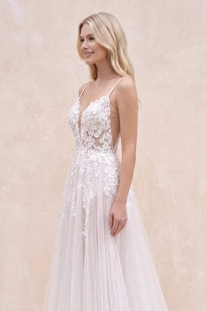 White Nude Spaghetti Straps V-Neck Lace Appliques A-line Tulle Rustic Wedding Dress - SHEISME
