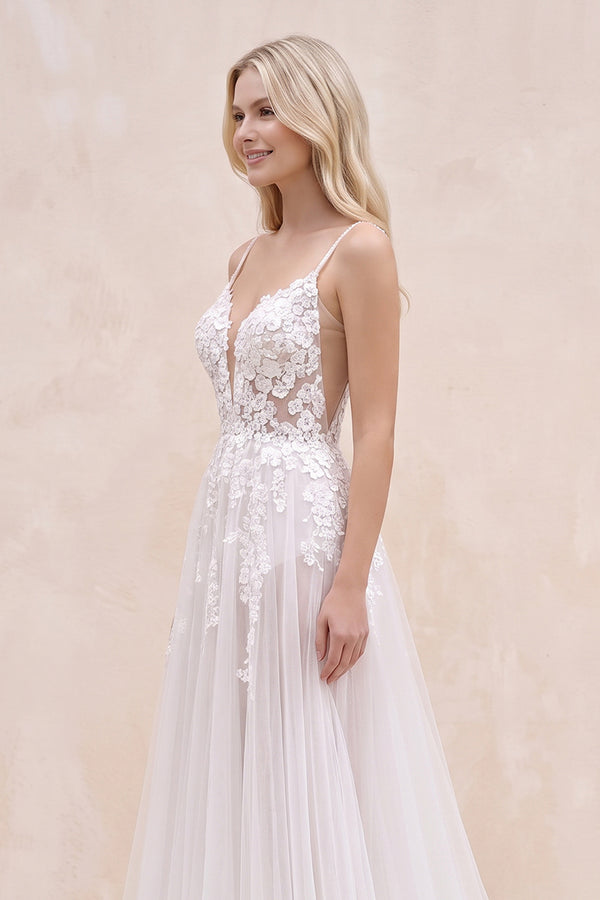 White Nude Spaghetti Straps V-Neck Lace Appliques A-line Tulle Rustic Wedding Dress - SHEISME