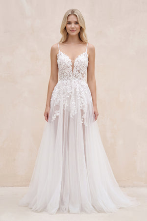 White Nude Spaghetti Straps V-Neck Lace Appliques A-line Tulle Rustic Wedding Dress - SHEISME