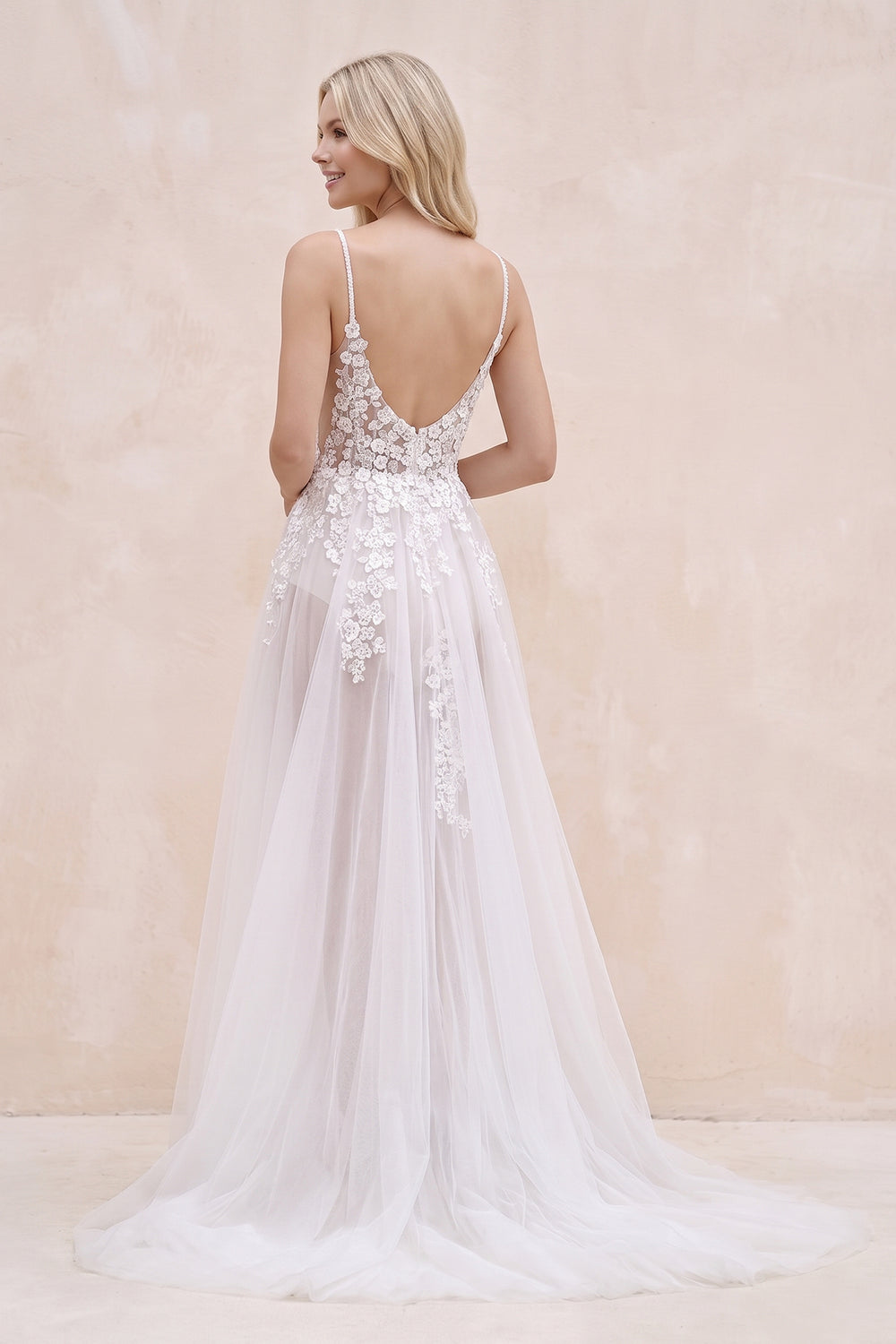 White Nude Spaghetti Straps V-Neck Lace Appliques A-line Tulle Rustic Wedding Dress - SHEISME