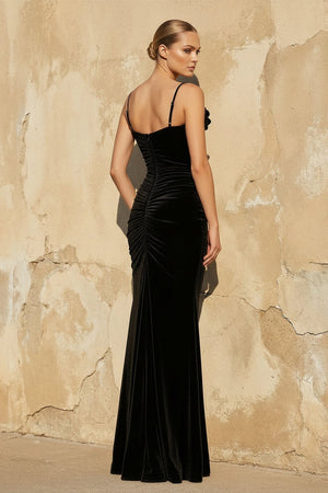 Spaghetti Straps Velvet Gown With Flower in Black - SHE IS ME