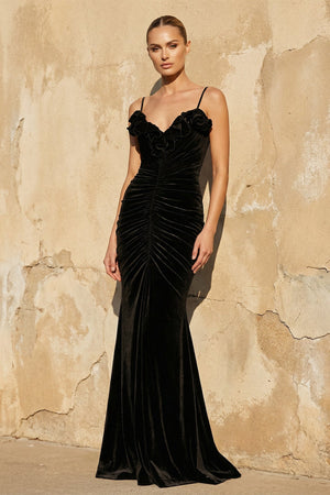 Spaghetti Straps Velvet Gown With Flower in Black - SHE IS ME