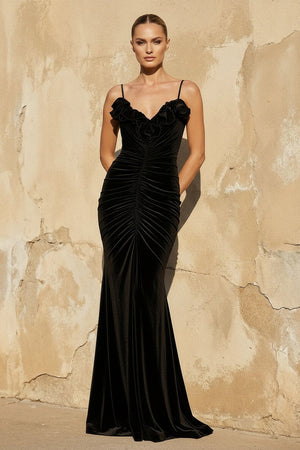 Spaghetti Straps Velvet Gown With Flower in Black - SHE IS ME